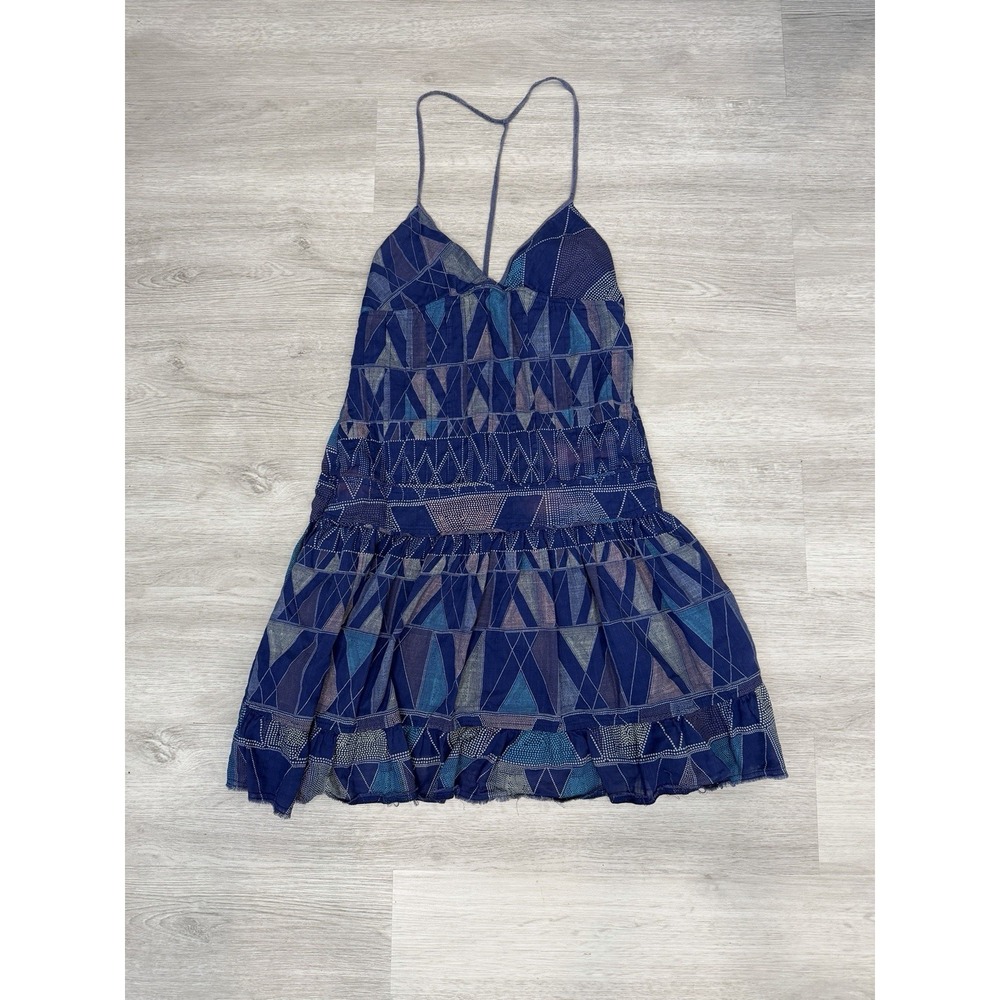 VTG Y2K Babydoll Mini Dress S Blue Geometric Boho Festival Indie 90s Free People